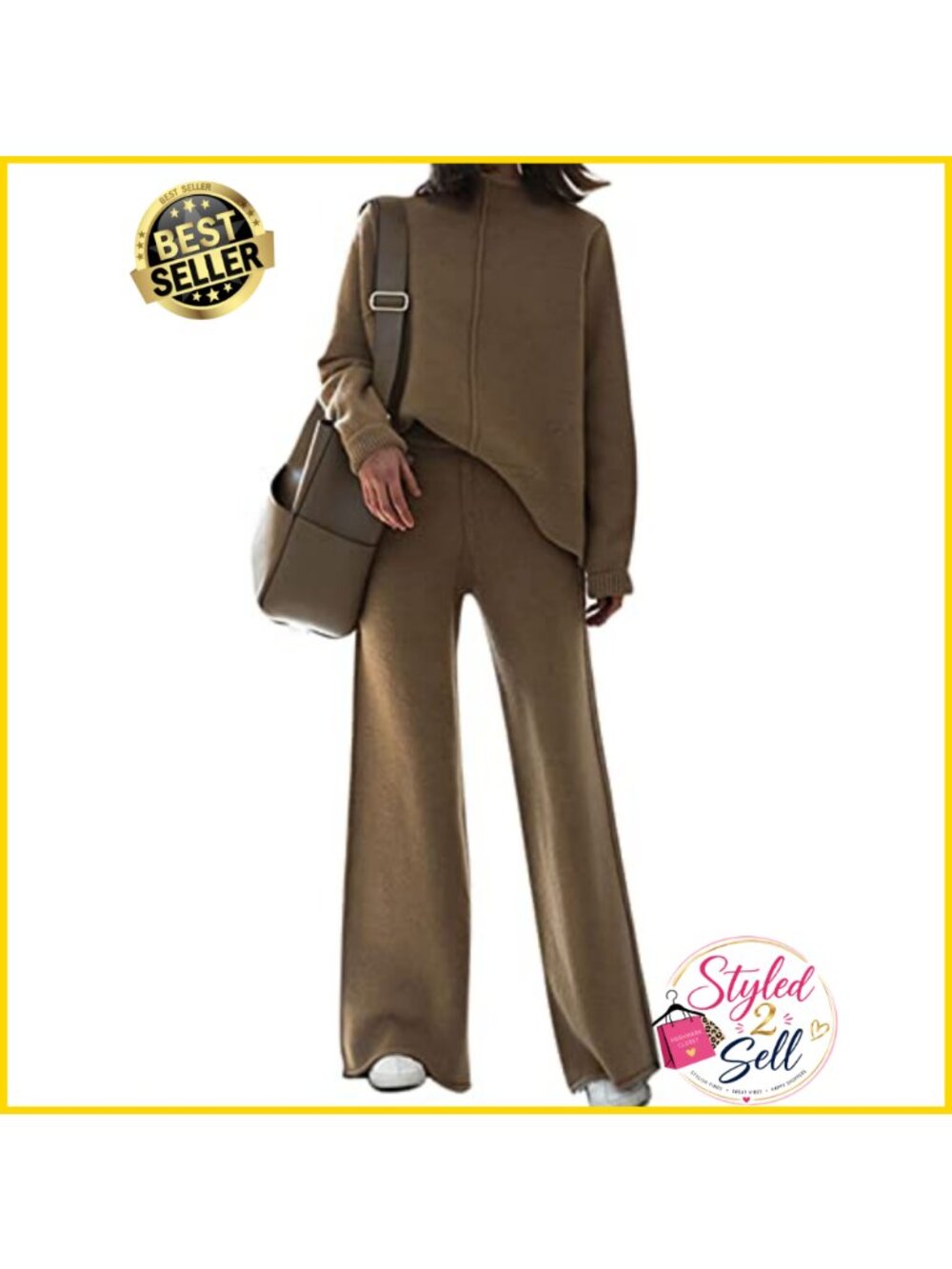 2 Piece Knit Sweater Set Turtleneck Top Wide Leg Pants Lounge Set